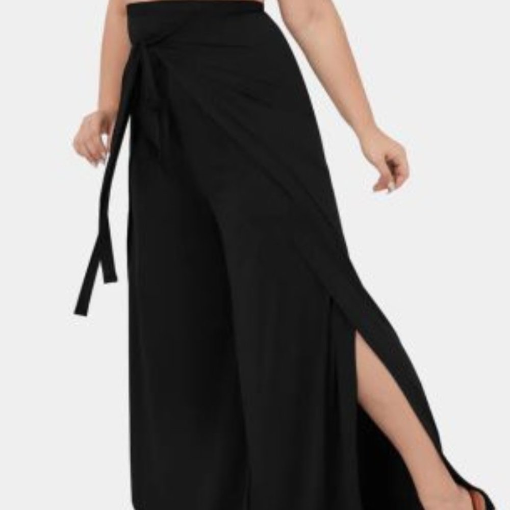 Halara High Waisted Tie Front Hem Palazzo Wide Leg Flowy Casual Pants